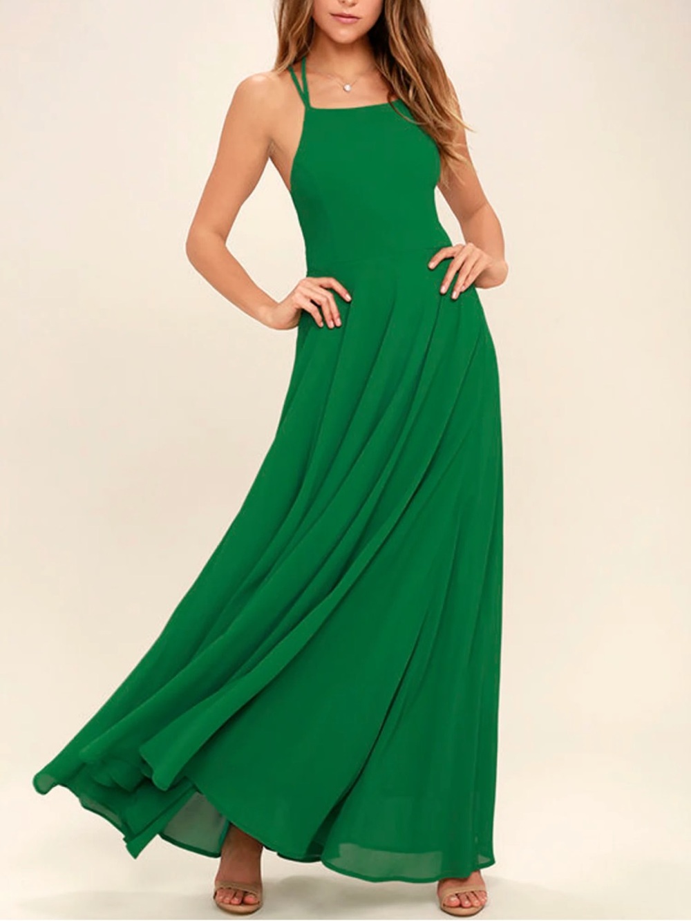 Lulu's Strappy To Be Here Green Lace-Up Maxi Dress